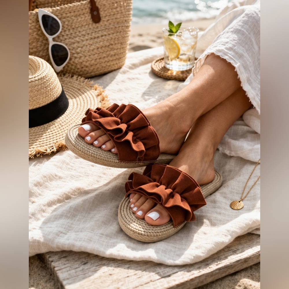 Vie Benie Ruffle Slide Sandals Size 42 (US 10-10.5) Boho Espadrille Brown Summer - Picture 2 of 9